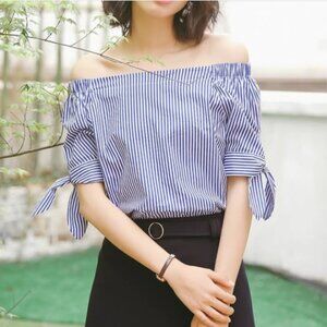 Blue & White Pinstripe Off Shoulder Blouse